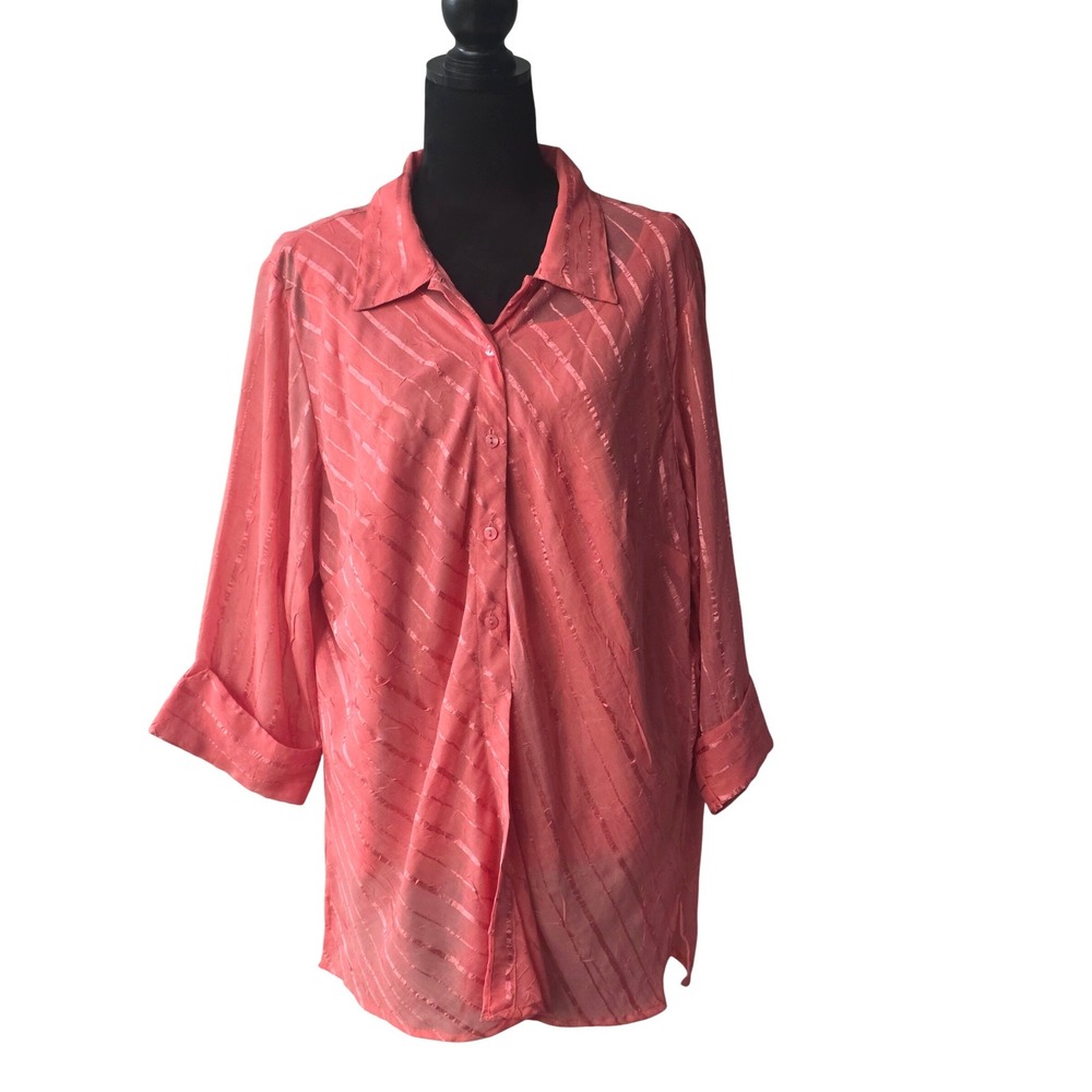 Club Z Collection Coral Pink Sheer Striped Blouse & Tank Set Plus Size 1X A8‎